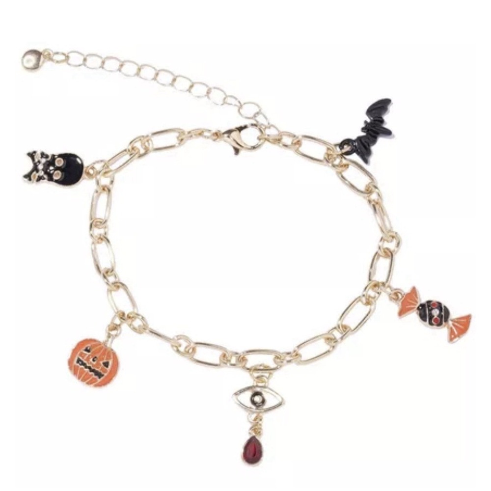 Black Diamond Halloween Charm Bracelet Black Cat Pumpkin Bat Eye Rhinestone NEW
